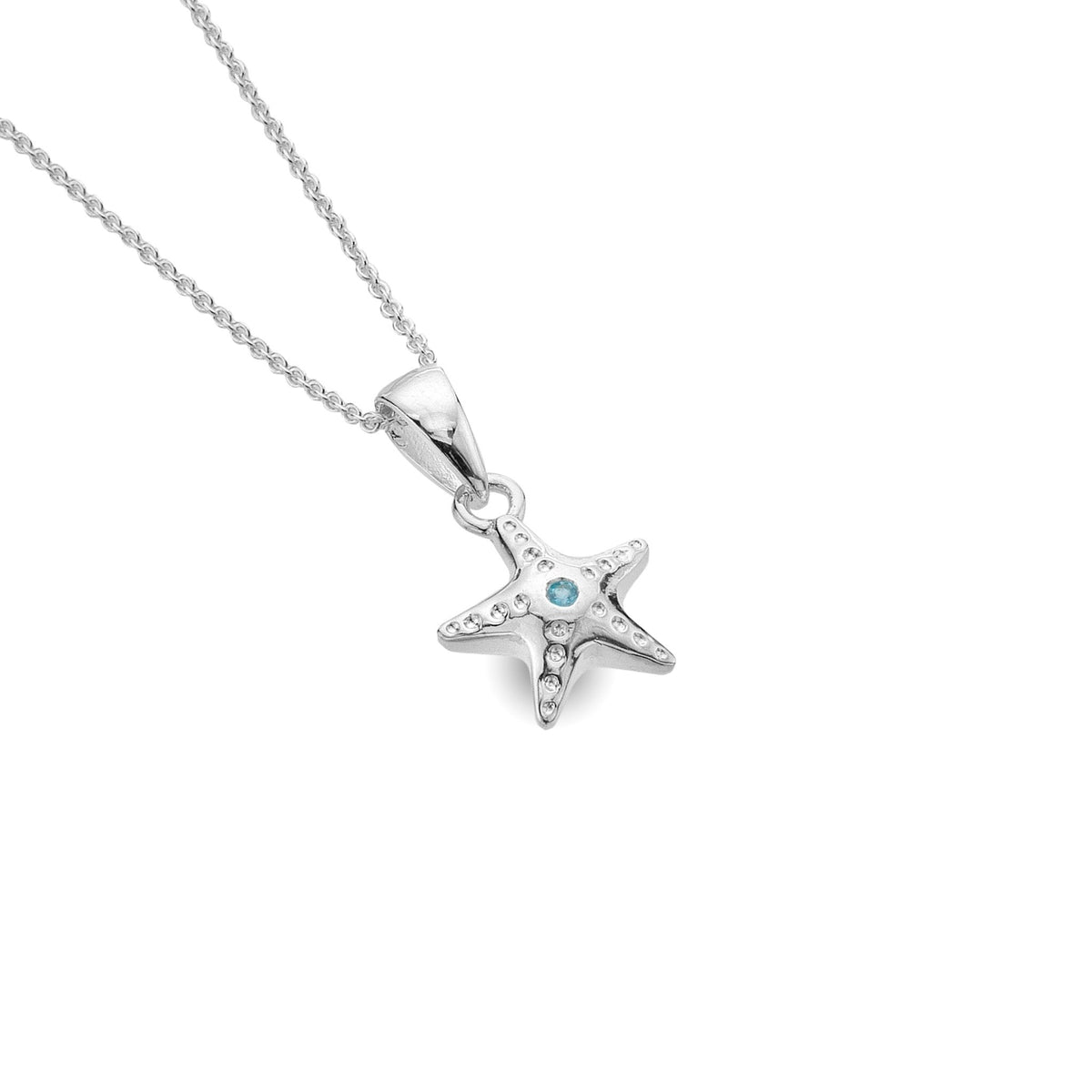 Silver Starfish Pendant Necklace with Blue Topaz Centre