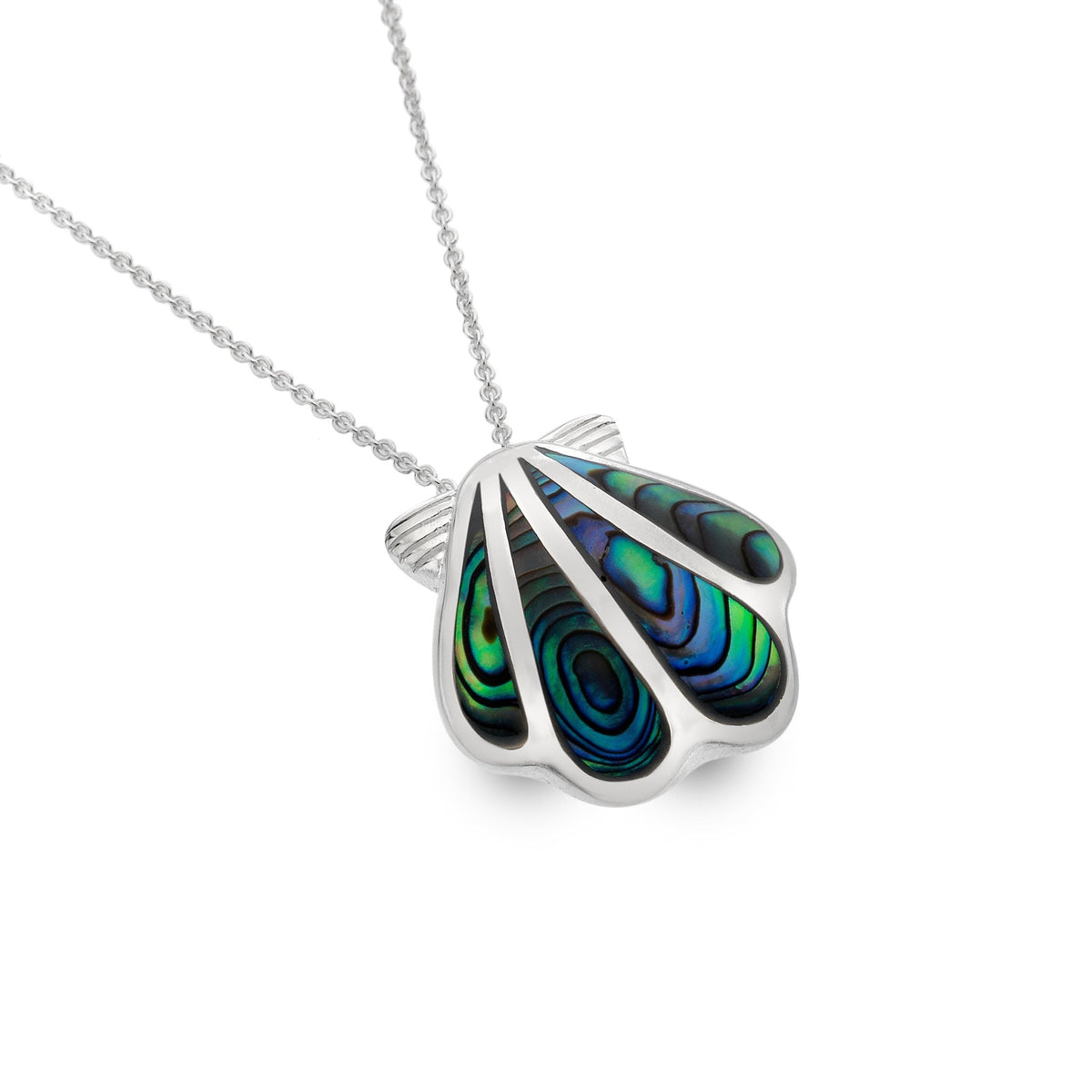 Scallop Shell Pendant Necklace - Silver with Paua Shell Inlays