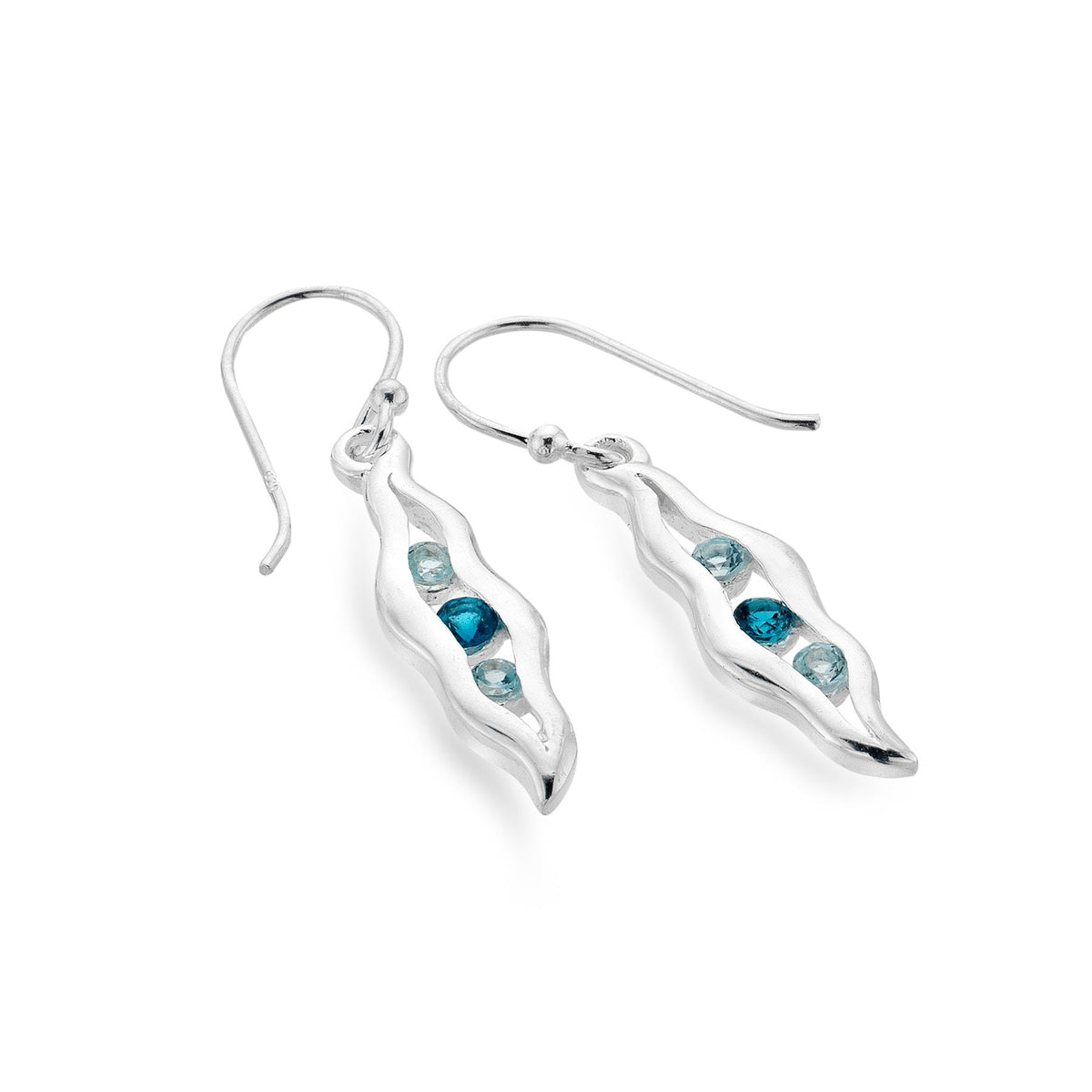 Sterling Silver Wavy Open Pod Dangle Earrings with Embedded Blue ...
