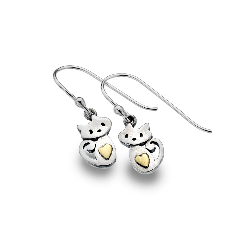 Cute kitten and brass heart earrings - SilverOrigins