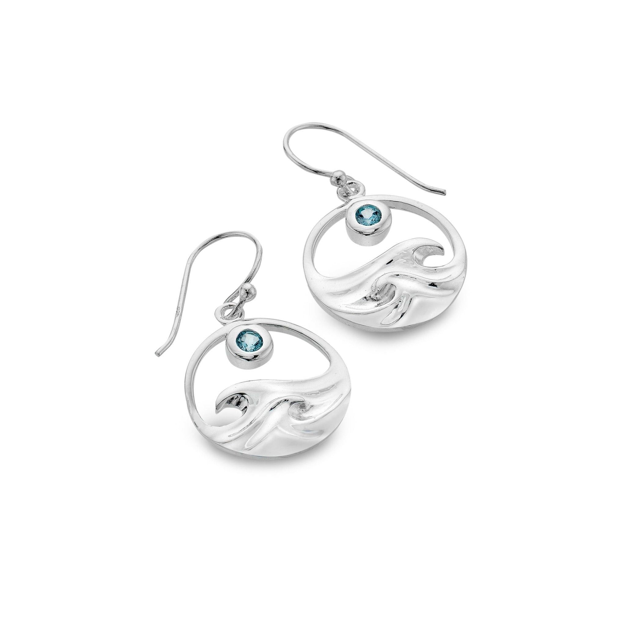 Surf Wave Circular Cut Out Drop Earrings - Sterling Silver