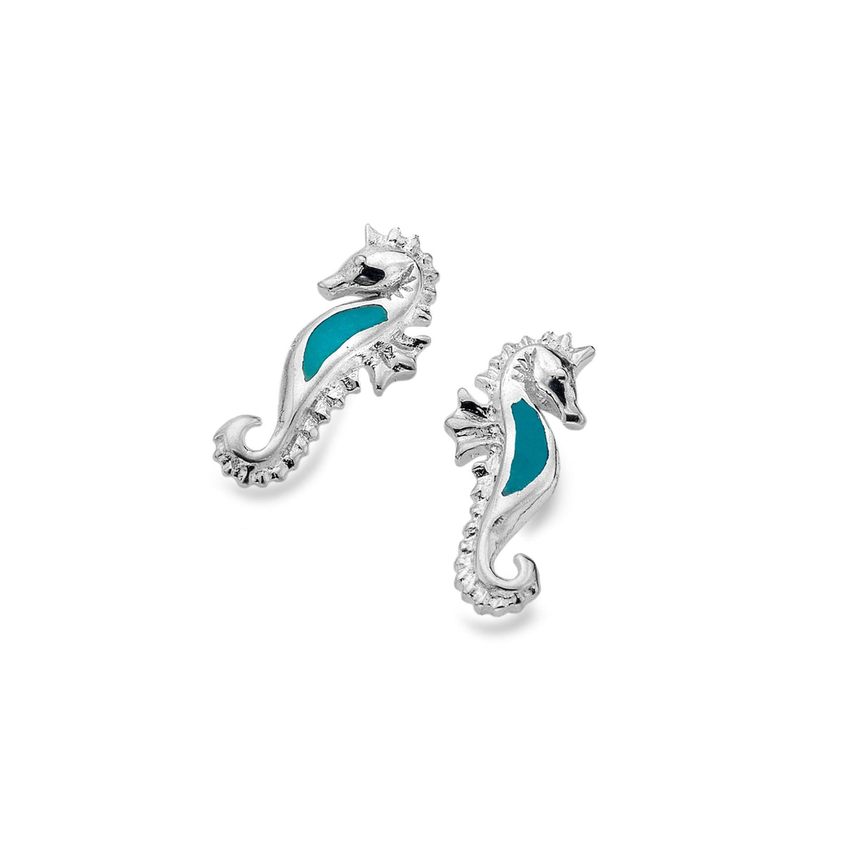 Seahorse Stud Earrings, Sterling Silver & Turquoise, Cornish Design